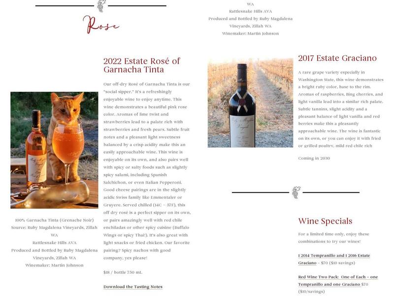 Ruby Magdalena Vineyards Menu