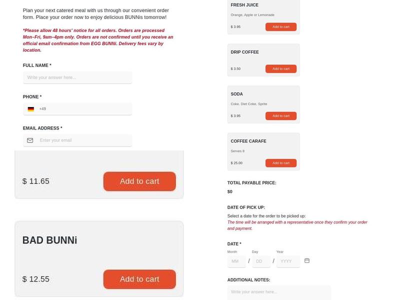 EGG BUNNi Menu