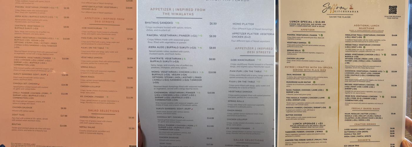 Saffron Kitchen and Bar Menu