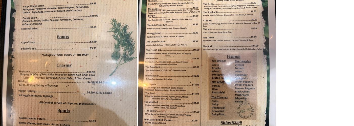 Myrtle’s Cafe Menu