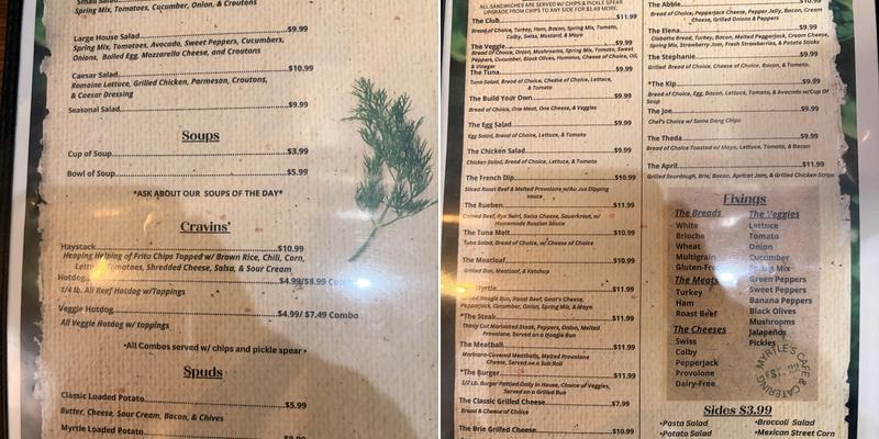 Myrtle’s Cafe Menu