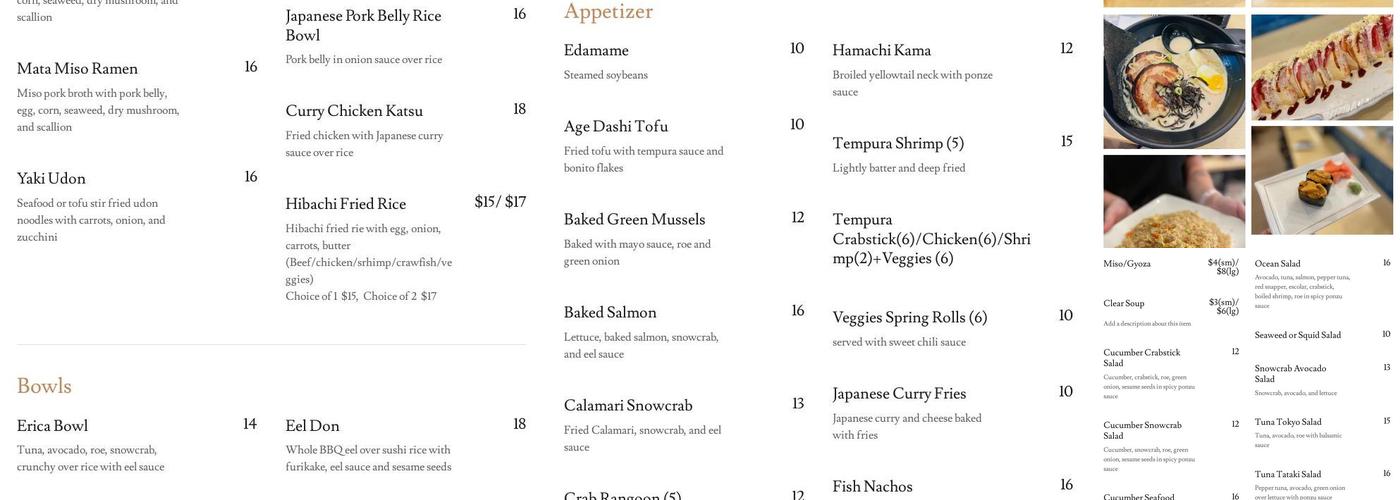 Mata Sushi Menu