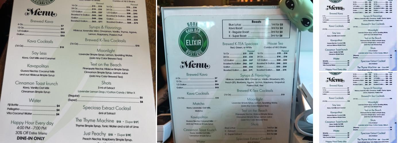 Elixir Kava Bar | SoBe Menu