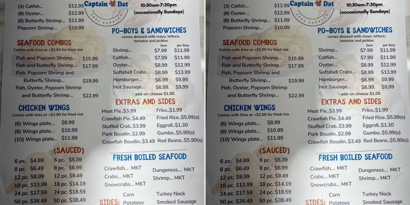 Captain Dat Seafood Menu