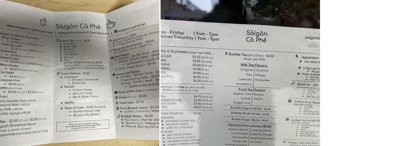 Sàigòn Cà Phê Menu