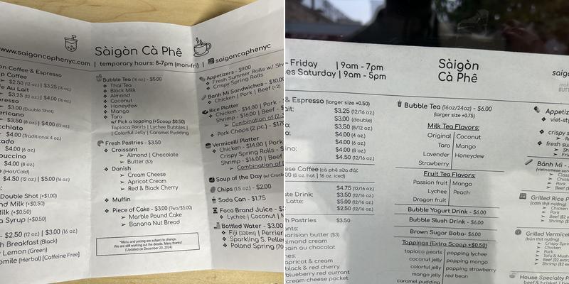 Sàigòn Cà Phê Menu