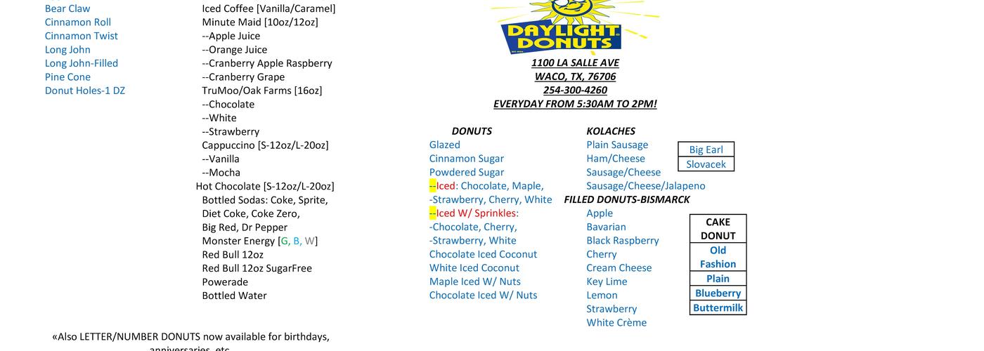 Daylight Donuts - Waco Menu