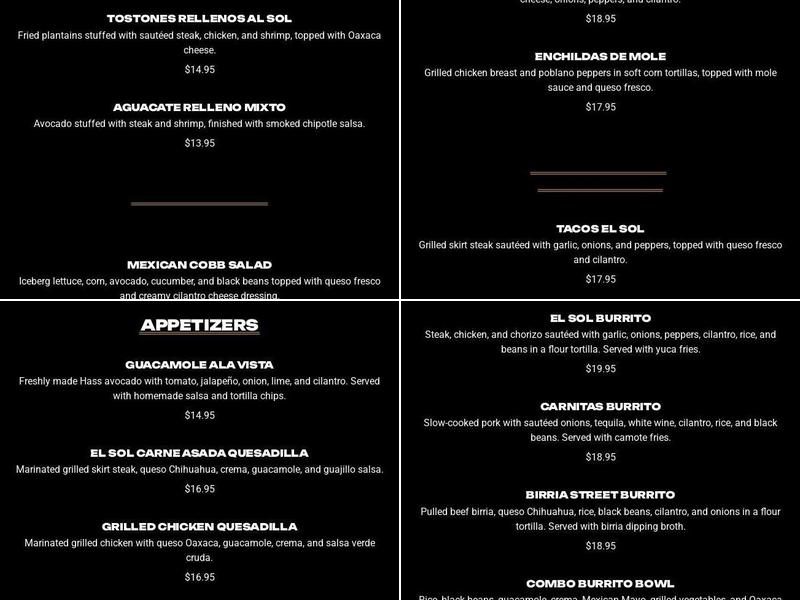 El Sol GL Menu