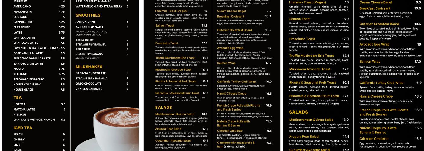 Criterion coffee Menu