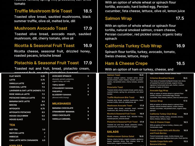 Criterion coffee Menu