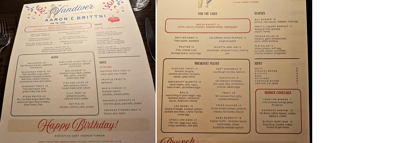 The Vandiver Menu