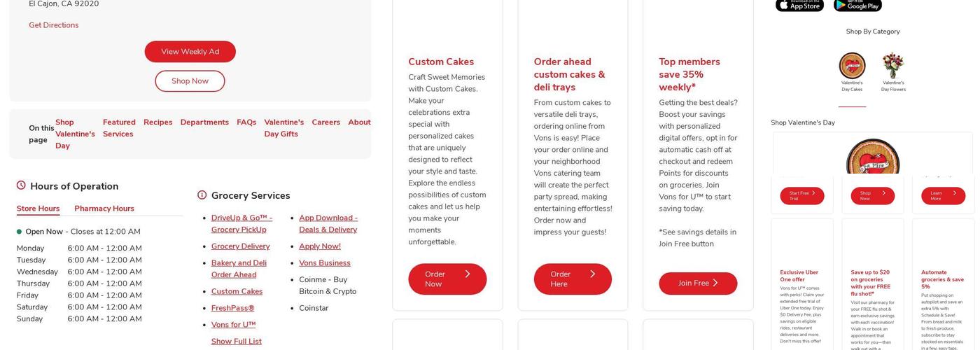 Vons Bakery Menu
