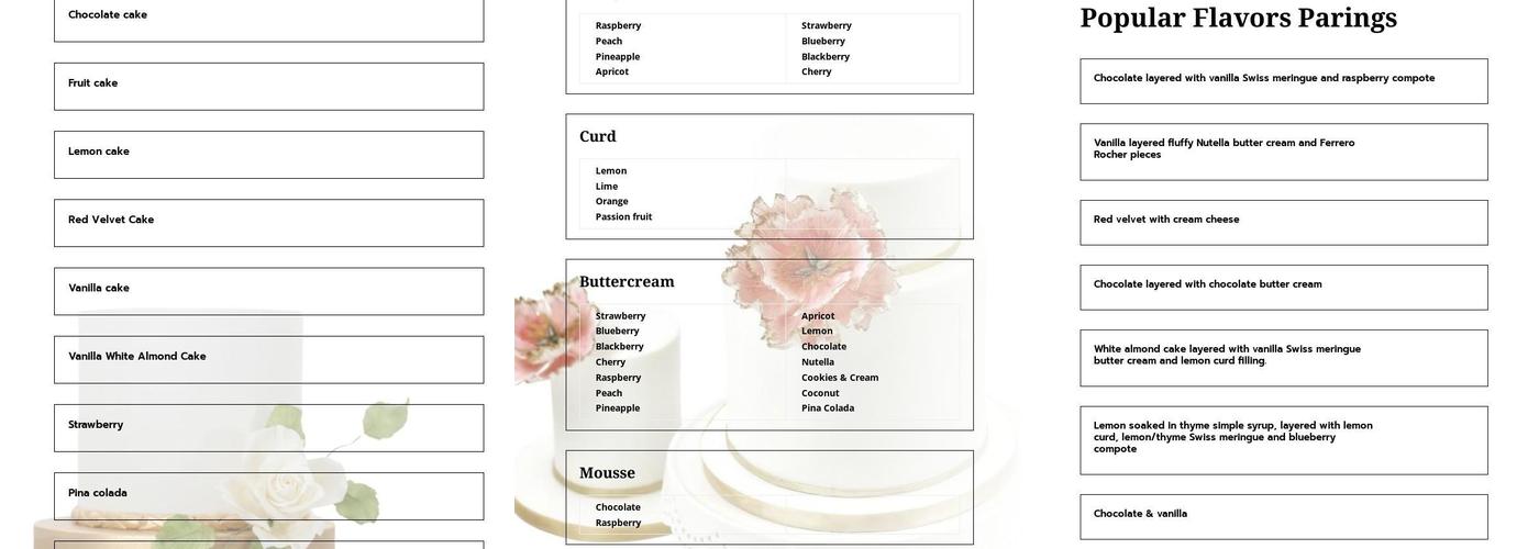 A's Exquisite Cakes Menu