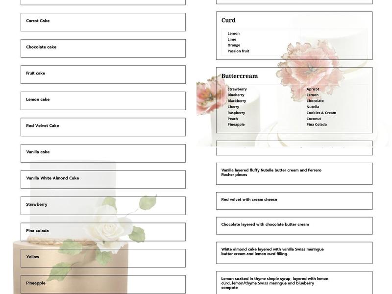 A's Exquisite Cakes Menu