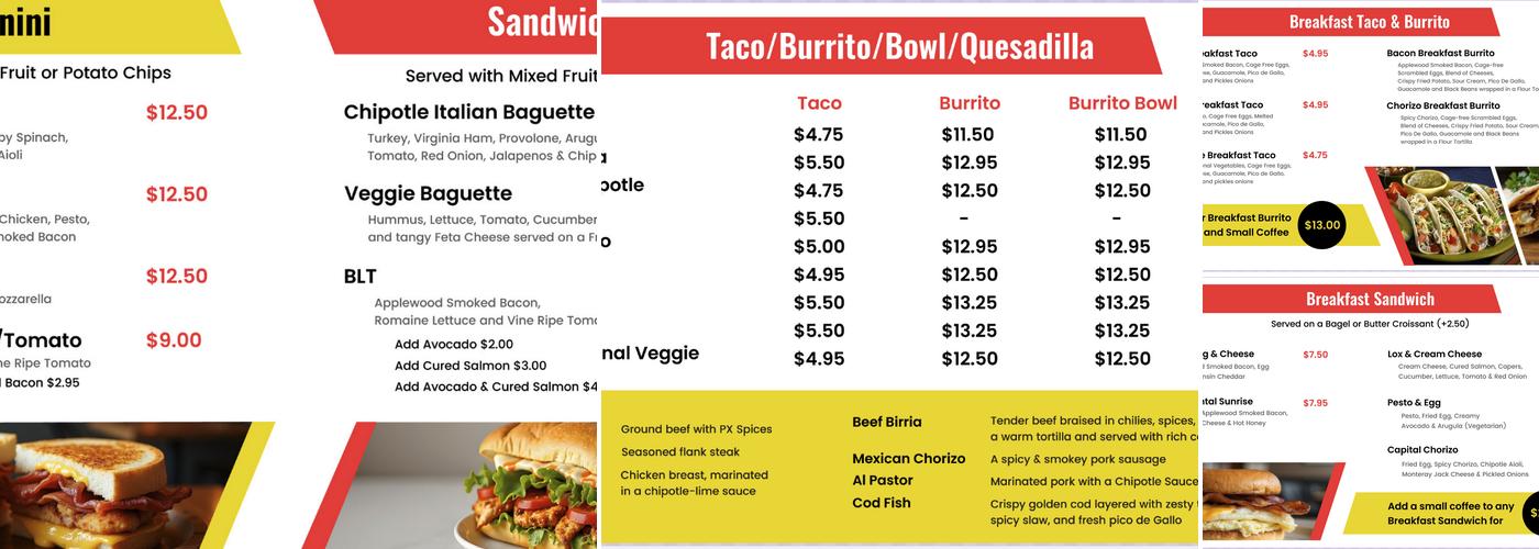 PX JAVA: Taqueria & Cafe Menu