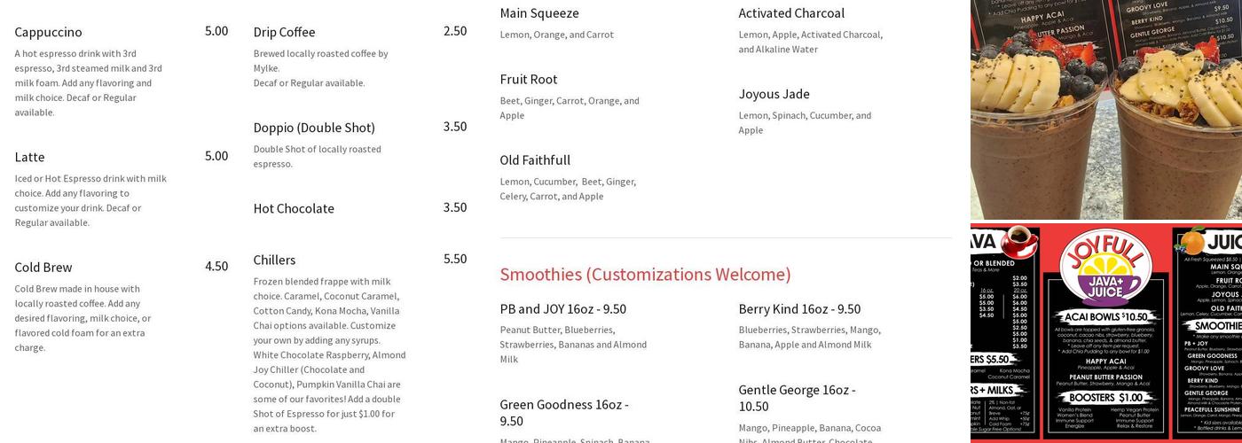 Joyfull Java and Juice Menu