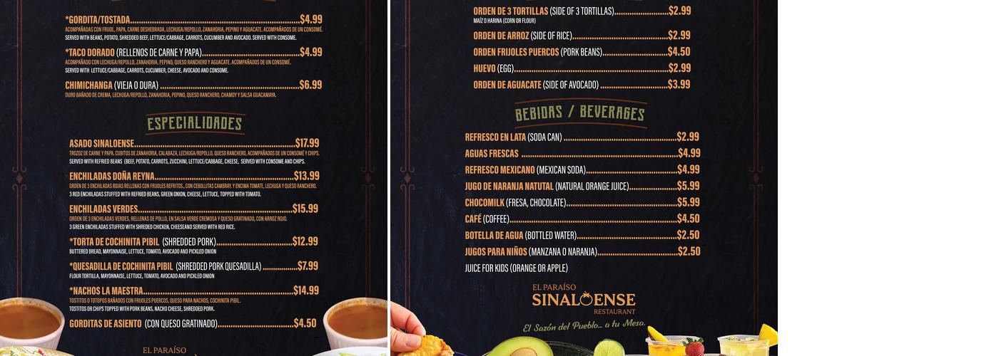 El Paraíso Sinaloense Menu