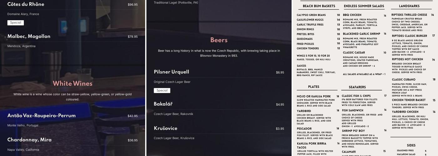 Riptides PB Menu