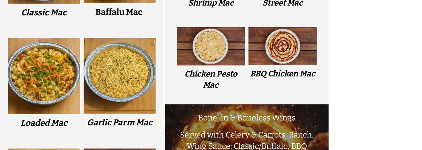 Master Chef Mac and Wings Menu