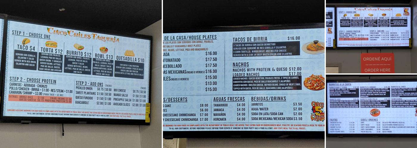 Cinco Chiles Menu