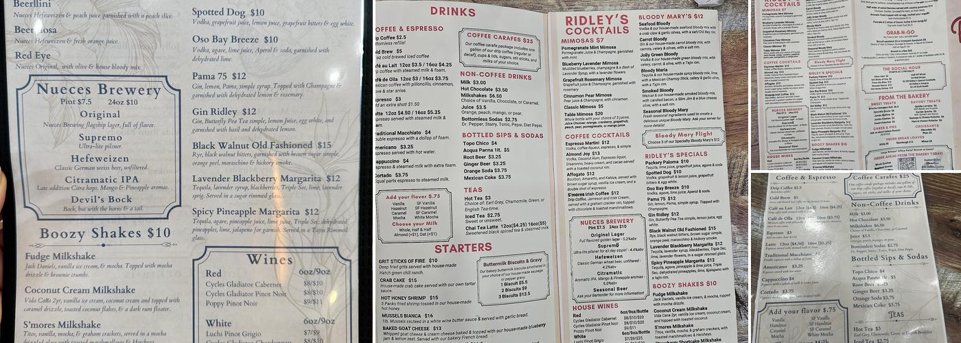 Ridley's Menu