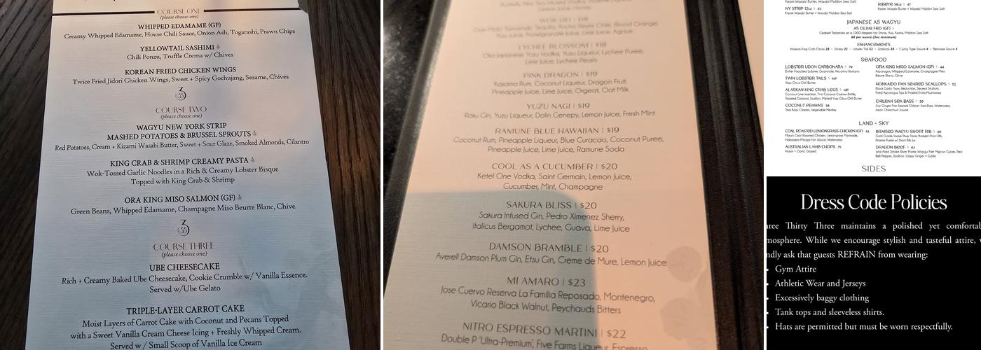 Three Thirty Three Restaurant Menu