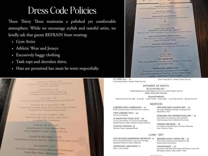 Three Thirty Three Restaurant Menu