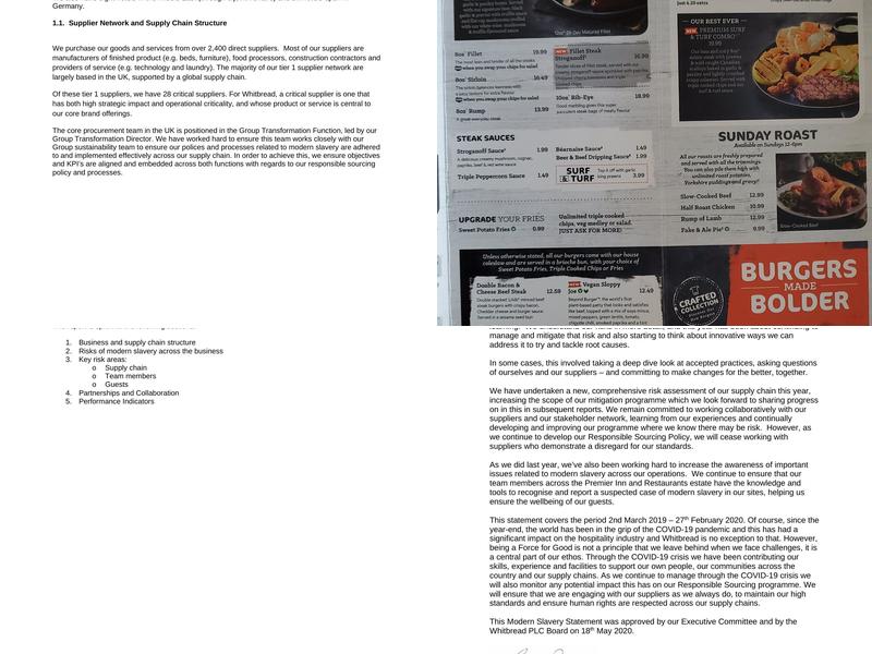 Premier Inn Weymouth hotel Menu