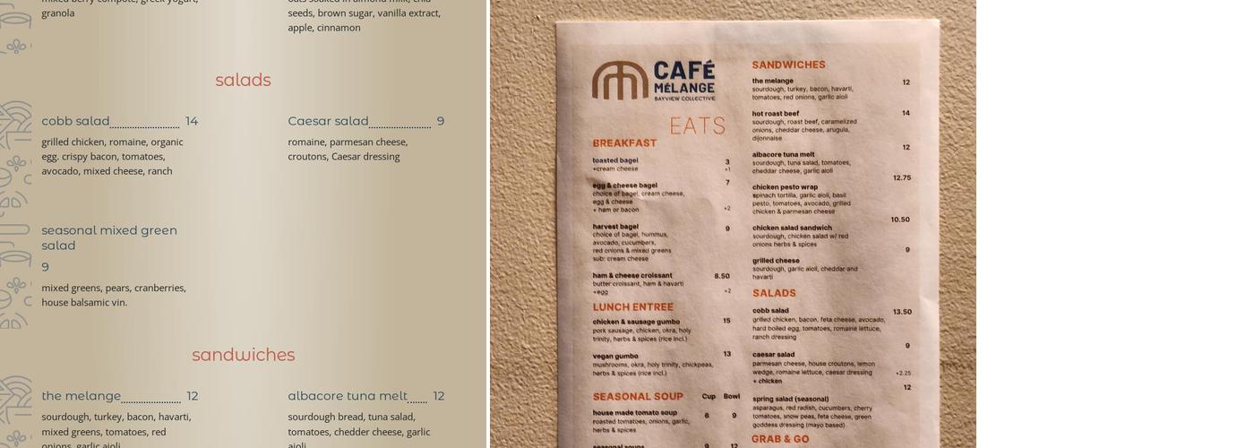 Cafe Melange Menu