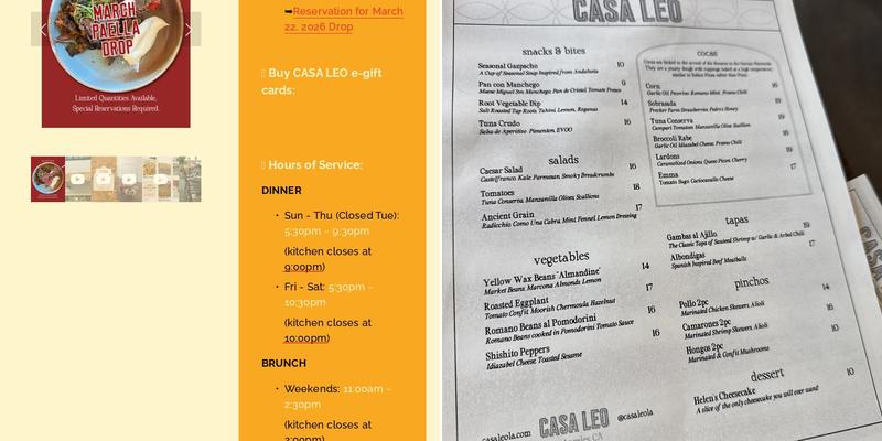 CASA LEO Menu
