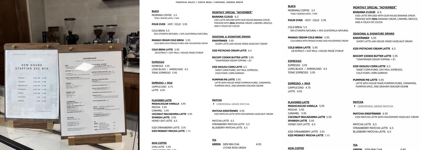 Long Black Coffee, Costa Mesa Menu