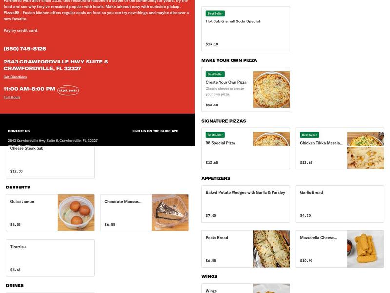 Pizzza98 - Fusion kitchen Menu