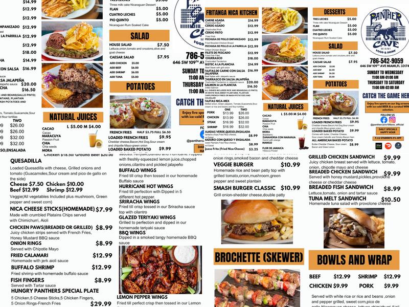 Panther Cave Menu
