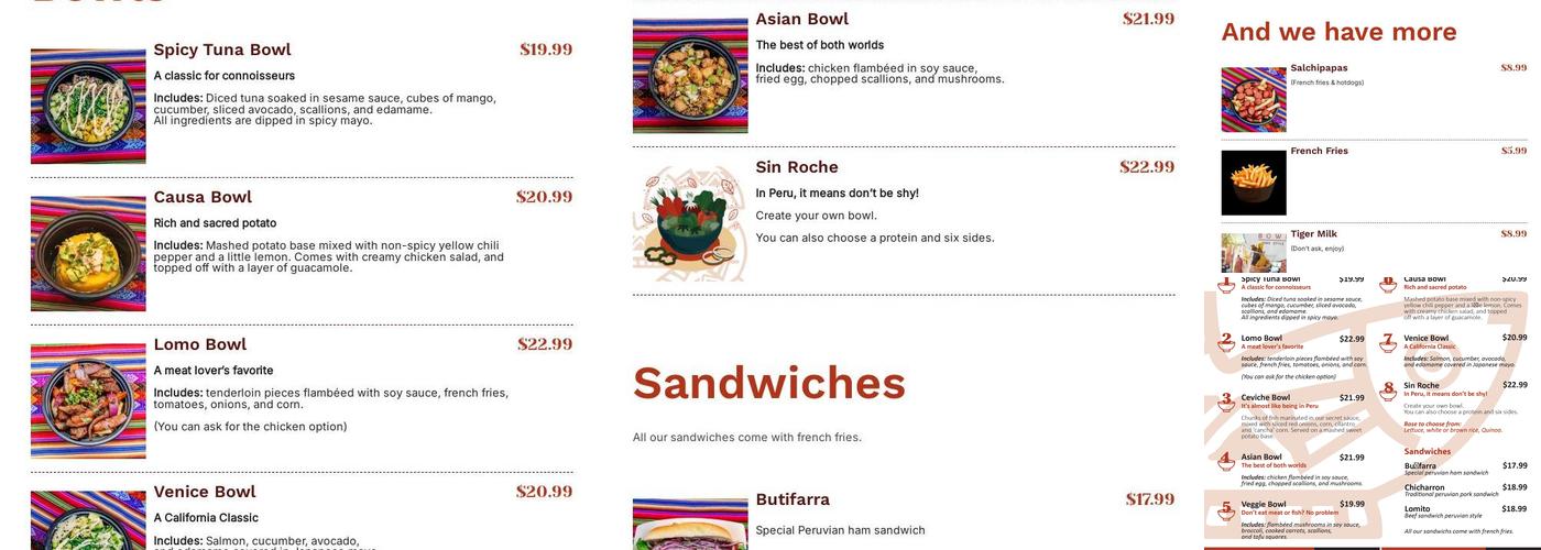 Peruvian Bowl Menu
