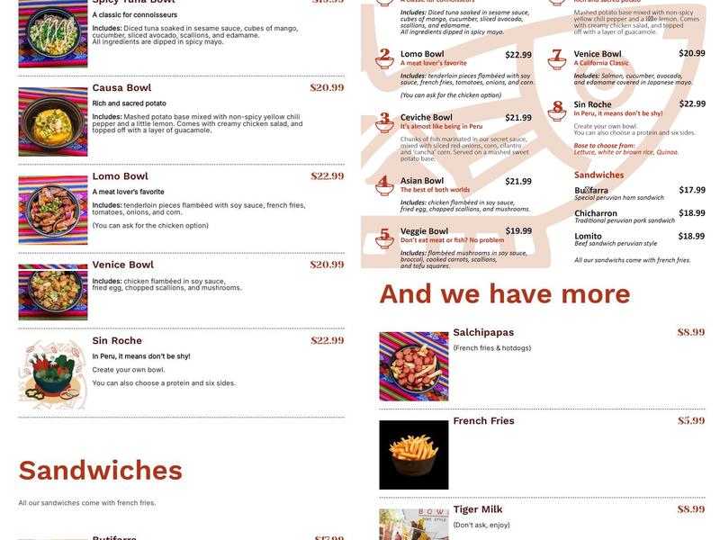 Peruvian Bowl Menu