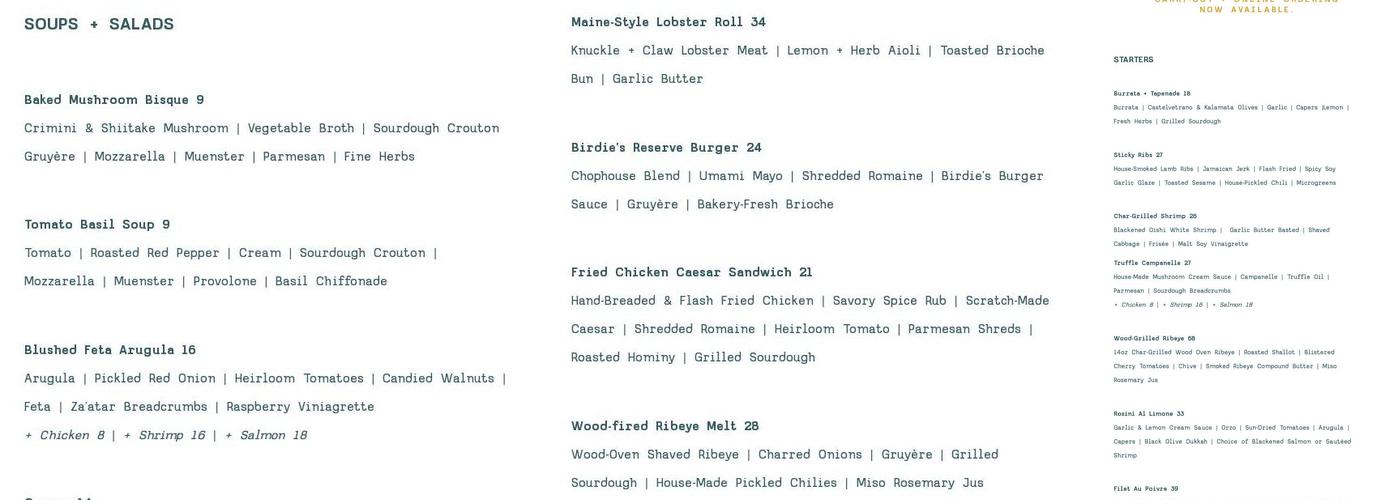Birdie’s Restaurant Menu