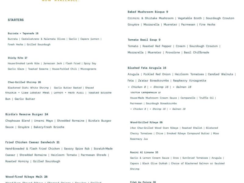 Birdie’s Restaurant Menu