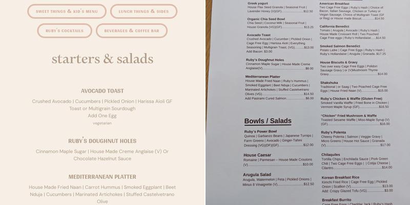 Ruby's Good Shoes Menu