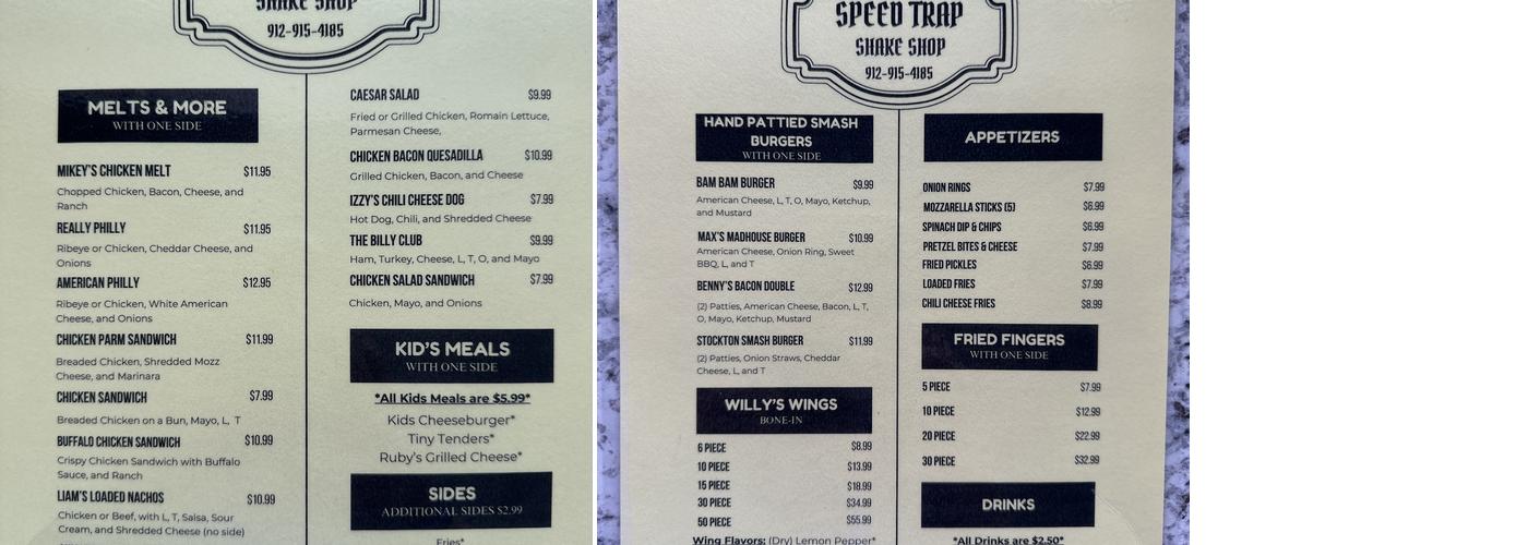 Speed Trap Shake Shop Menu