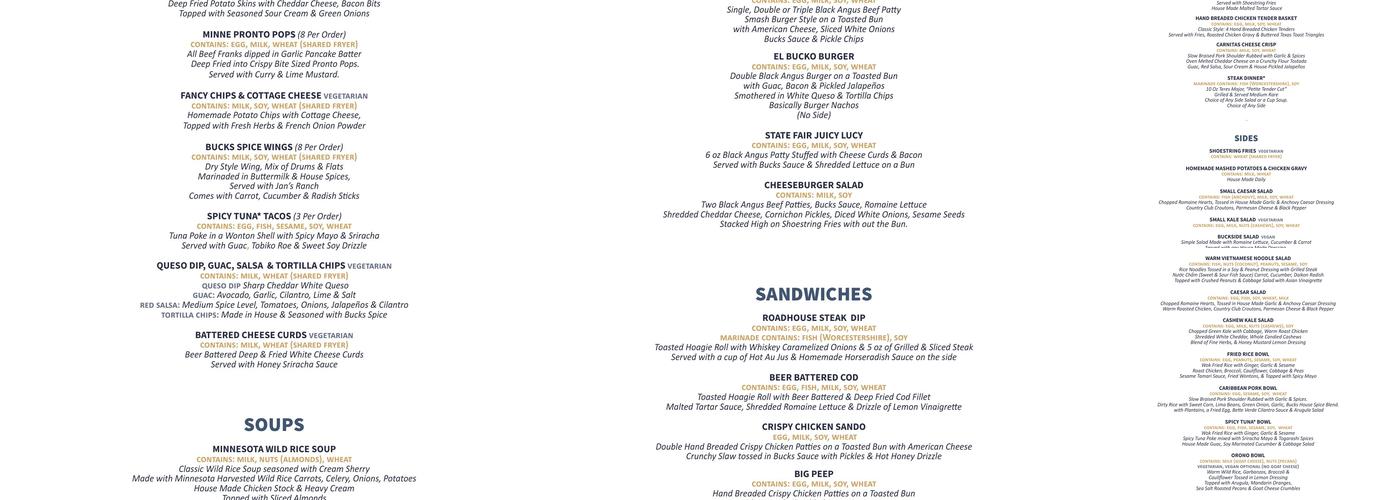 Bucks Pub Menu