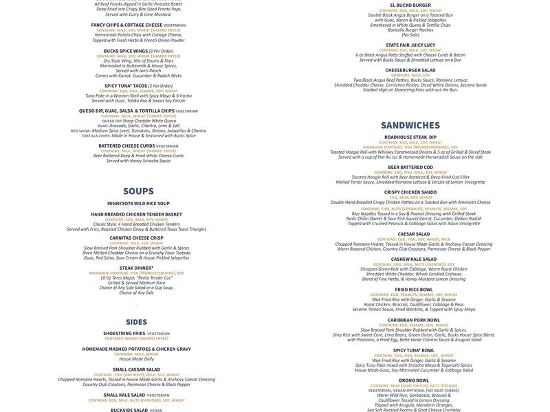 Bucks Pub Menu