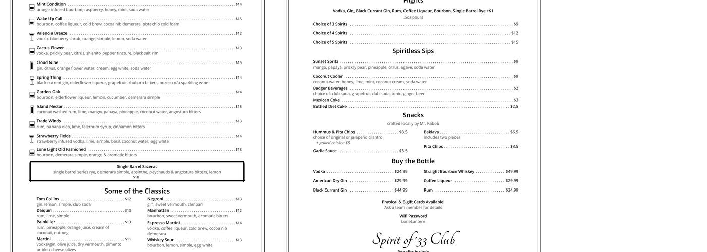 Lone Light Spirits Menu