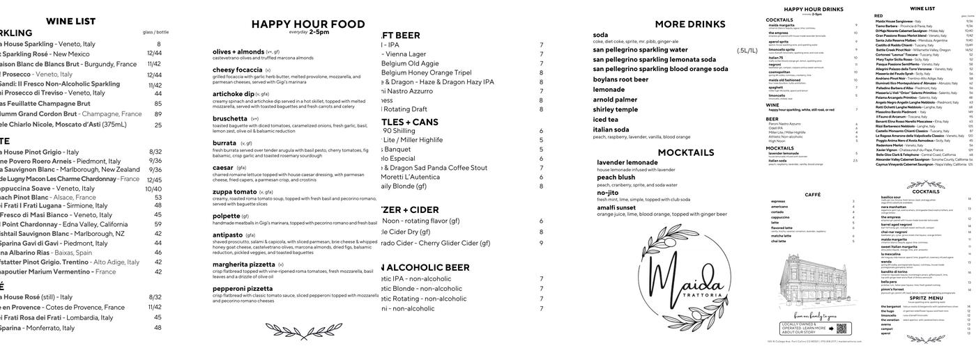 Maida Trattoria Menu