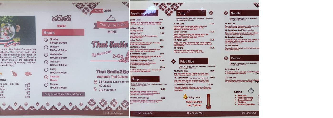 Thai Smile 2Go Menu