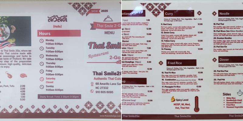 Thai Smile 2Go Menu