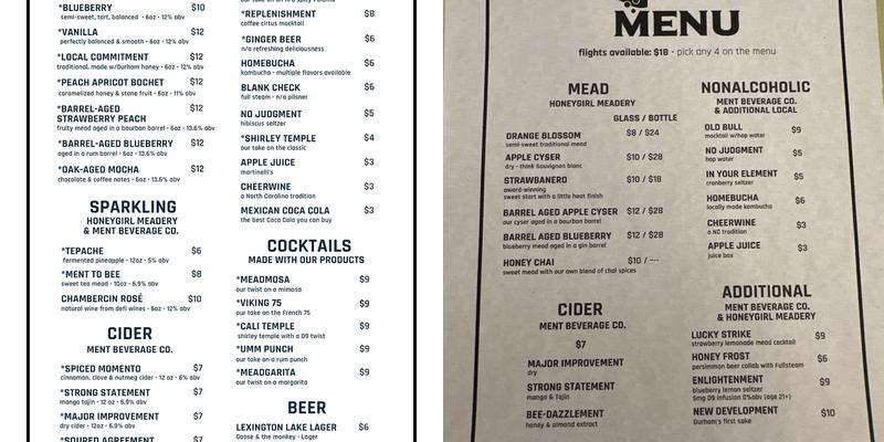 Ment Beverage Co. Menu