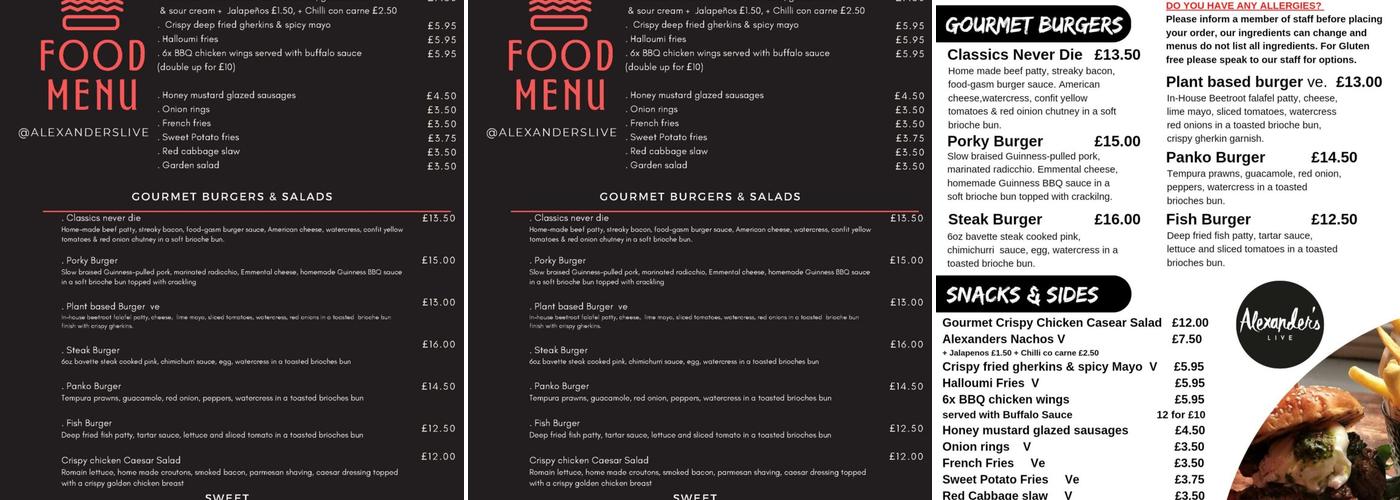 Alexander's Live Menu