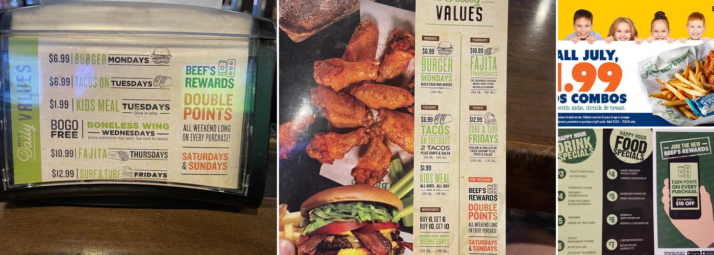 Beef 'O' Brady's Menu