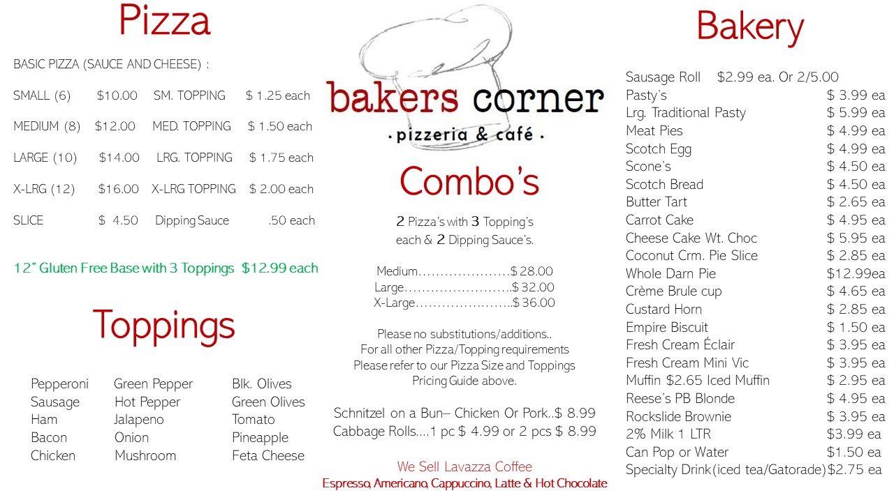 Bakers Corner Pizza Menu