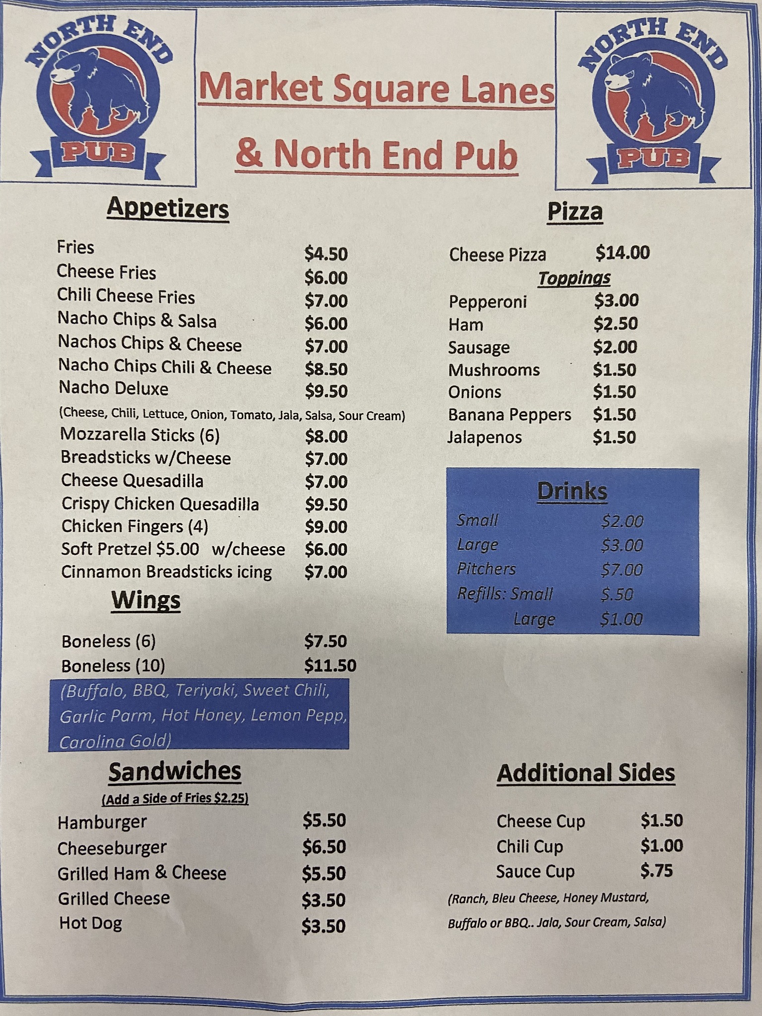 North End Pub Menu